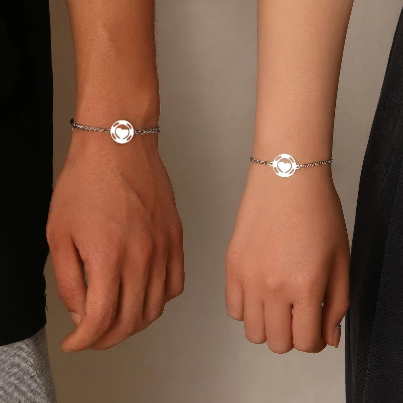 bracelets and bangles with birthstone -Simple Stainless Steel Round Heart Bracelet Women