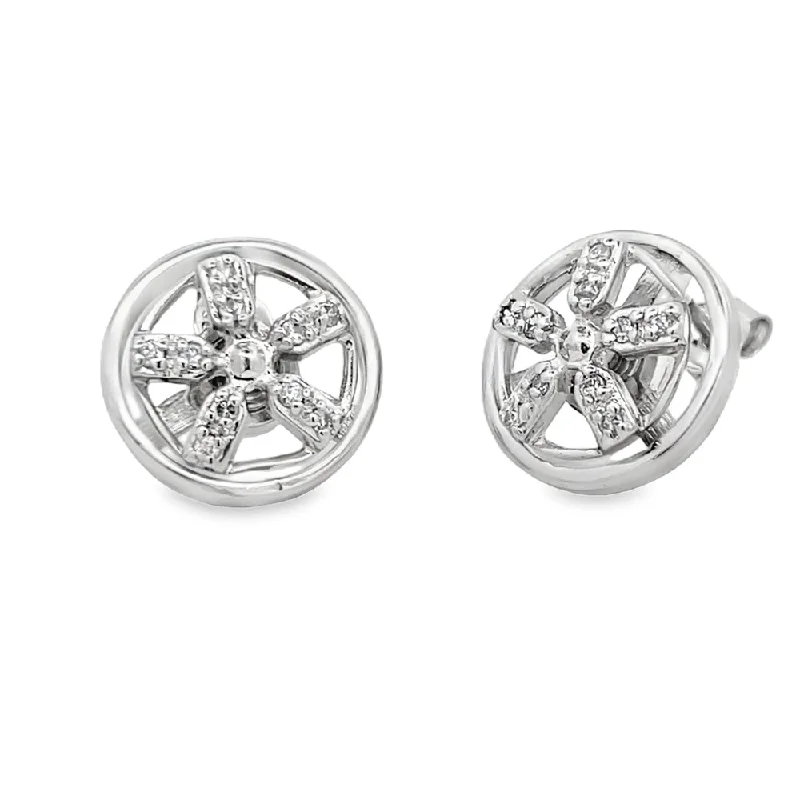 ladies earrings small stud -CZ Spinning Wheel 5 Spoke Rim Earrings .925 Sterling Silver