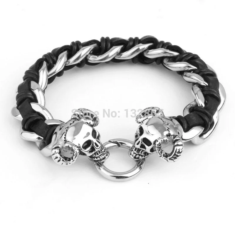 bracelets and bangles with star charm -Bull Skull Design Black Leather Bracelet