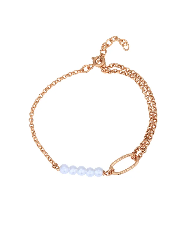 bracelets and bangles with topaz -18kt Rose Gold Plated with Pearl Double Chain Charm Bracelet for women