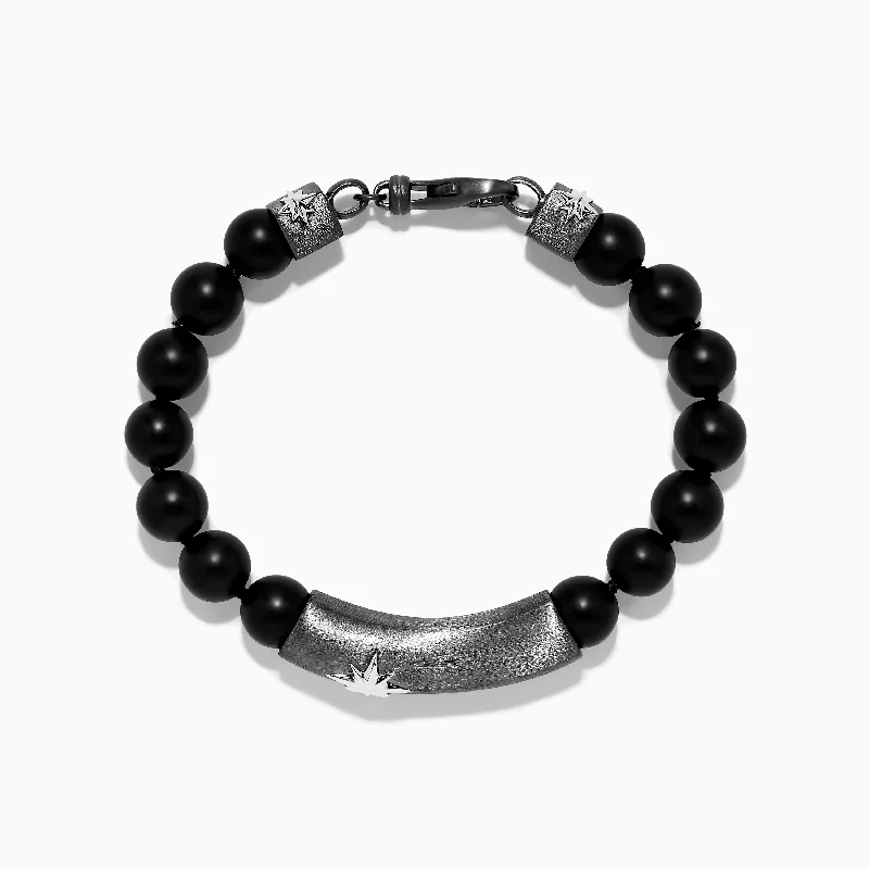 bracelets and bangles for bold fashion -Men's Sterling Silver Beaded Black Agate Bracelet