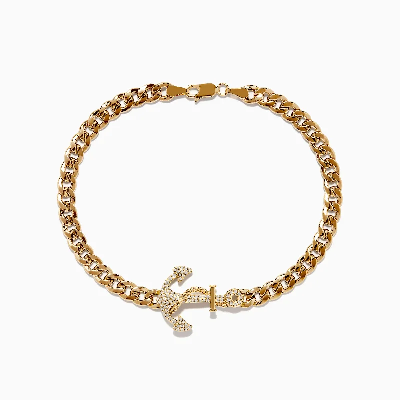 bracelets and bangles bold style -Men's 14K Yellow Gold Diamond Anchor Chain Bracelet