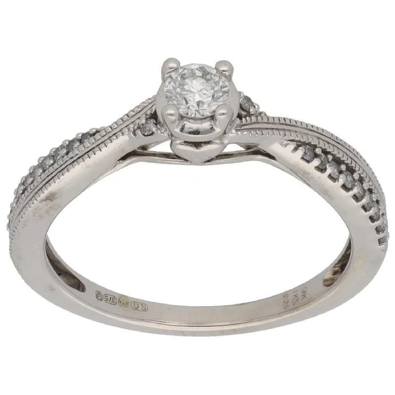 ladies engagement rings with filigree -9ct White Gold 0.25ct Diamond Solitaire Ring With Accent Stones Size N