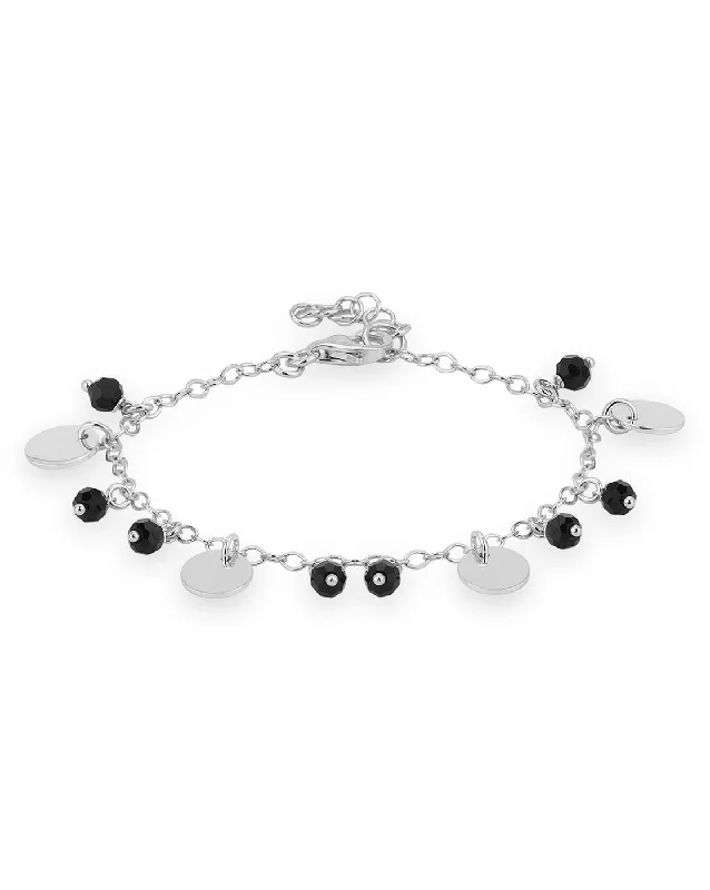 bracelets and bangles with blue sapphire -Carlton London Rhodium Plated With Black Bead Charm Bracelet