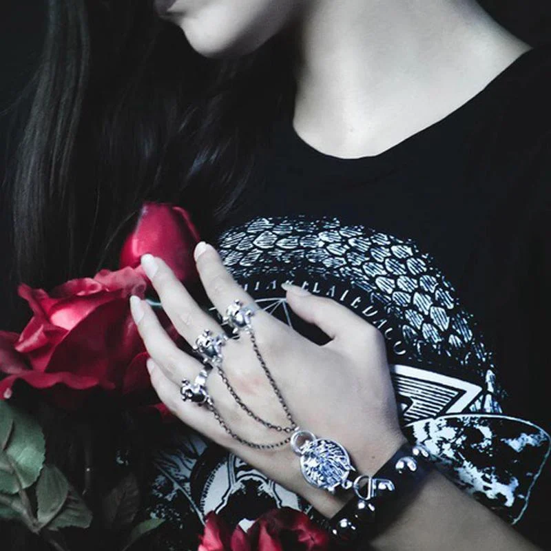 bracelets and bangles wide cuff -Women's Punk Black Faux Leather Bracelet With Three Skull Ring For Our Ins Followers