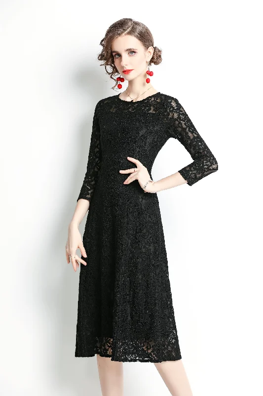 bracelets and bangles with gold plating -Black Evening Classic A-line Crewneck Bracelet Below Knee Lace Dress