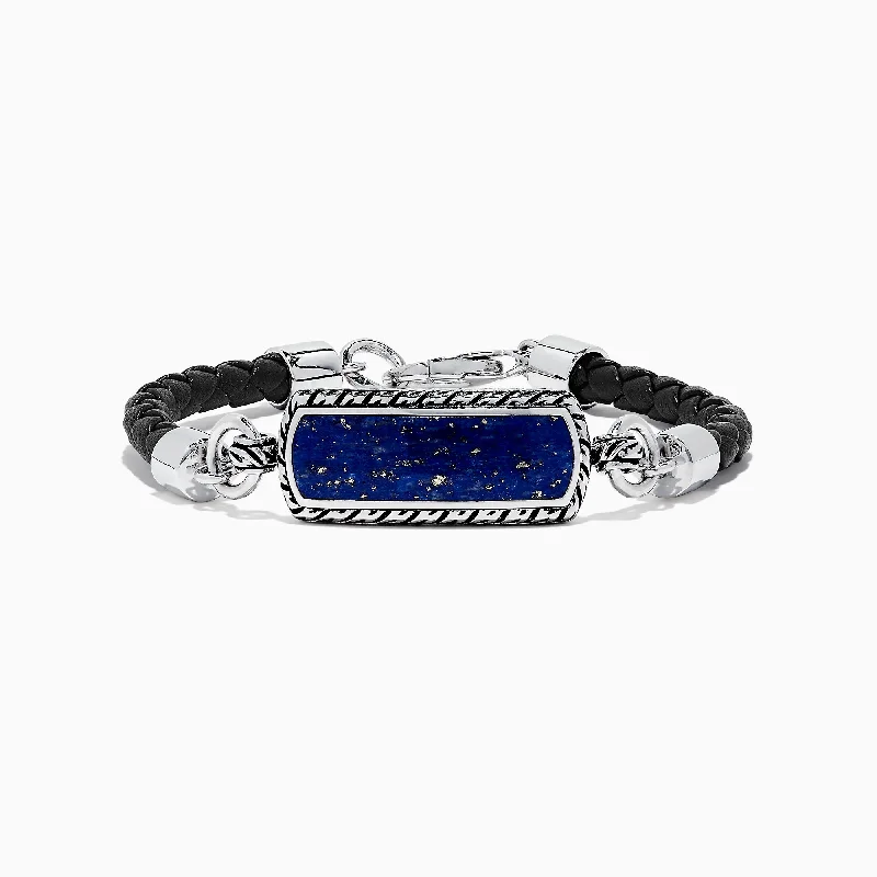 bracelets and bangles under 30 dollars -Men's Sterling Silver Lapis Lazuli Woven Leather Bracelet, 7.00 TCW