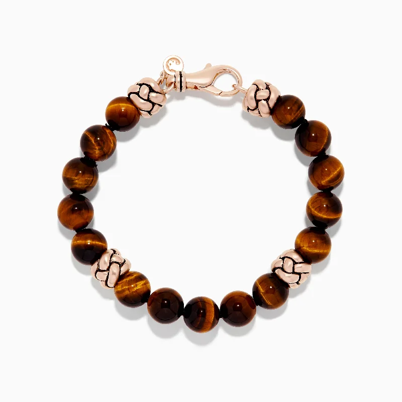 bracelets and bangles with pink tourmaline -Men's 925 Sterling Silver Rose Gold Plated Tigers Eye Bead Bracelet