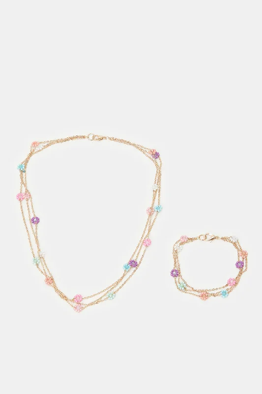 bracelets and bangles with gold plating -Girls Gold Floral Pearls Necklace & Bracelet Set (2 Piece)