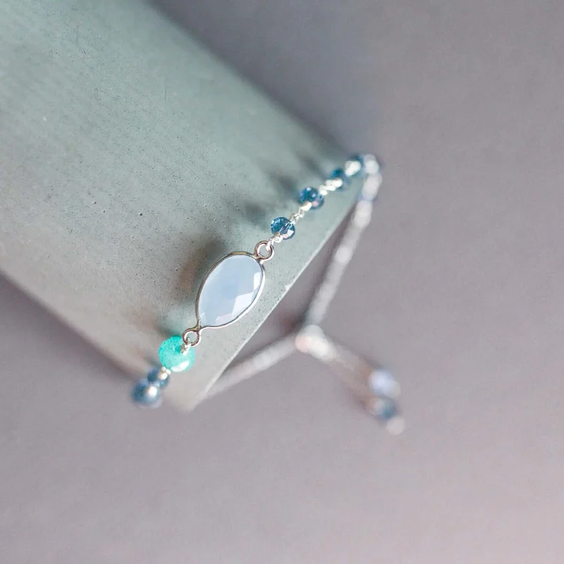 bracelets and bangles with aquamarine -Light Blue Chalcedony Adjustable Gemstone Bracelet - Silver