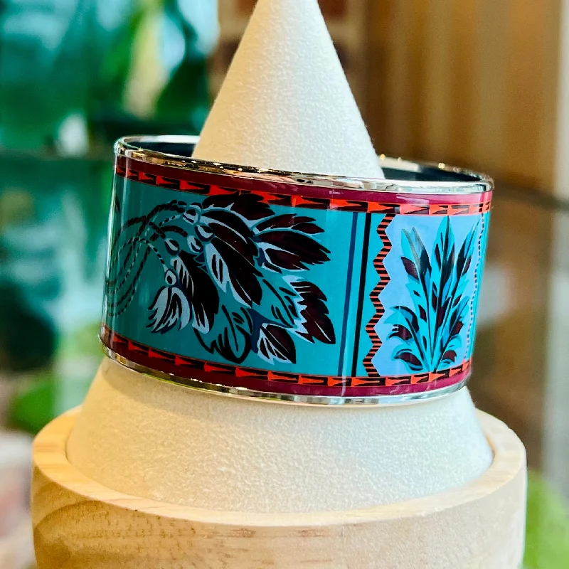 bracelets and bangles modern design -HERMES Multicolore Brazil Printed Enamel Palladium Plated Extra Wide Bangle Bracelet