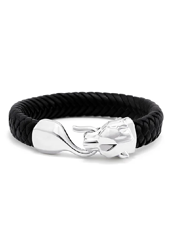 bracelets and bangles for birthday -Men's 925 Sterling Silver and Genuine Italian Leather Bracelet