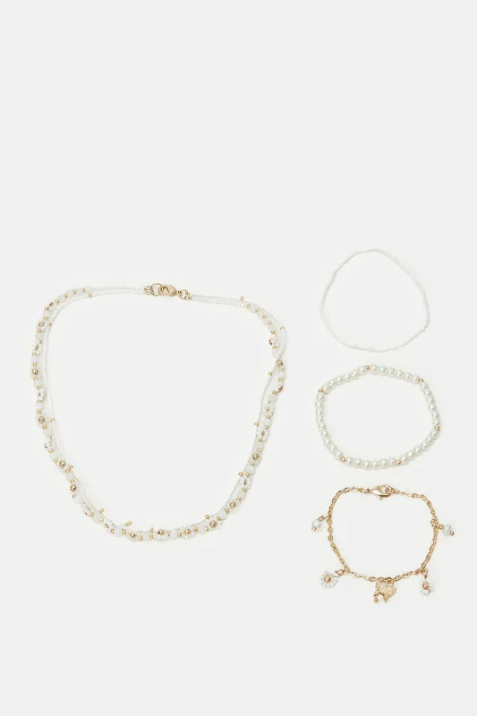 bracelets and bangles with shell design -Girls White And Gold Pearls Necklace & Bracelet (4 Piece)