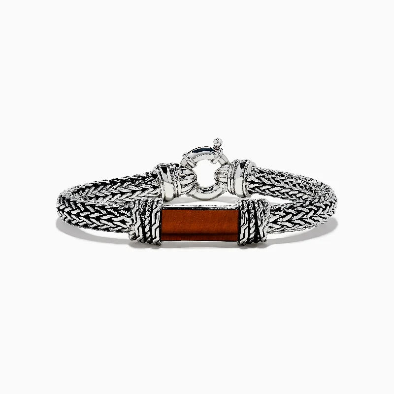 bracelets and bangles trendy minimalist -Men's 925 Sterling Silver Braided Chain Tiger Eye Bracelet 5.0 TCW