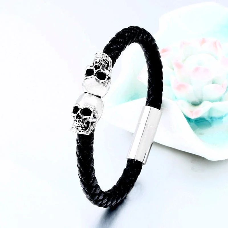 bracelets and bangles thin chain -Men's Punk Skull Faux Leather Bracelet