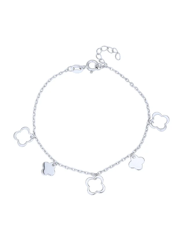 bracelets and bangles floral pattern -925 Sterling Silver Rhodium Plated with Four Leaf Clover Charm Bracelet for women