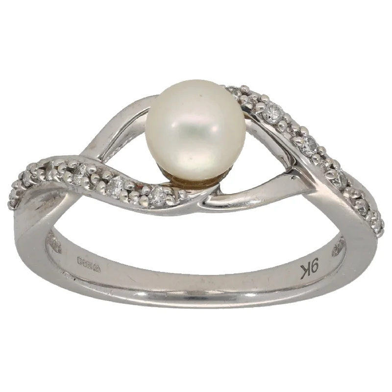 ladies engagement rings infinity symbol -9ct White Gold Cultured Pearl & 0.06ct Diamond Dress/Cocktail Ring Size P