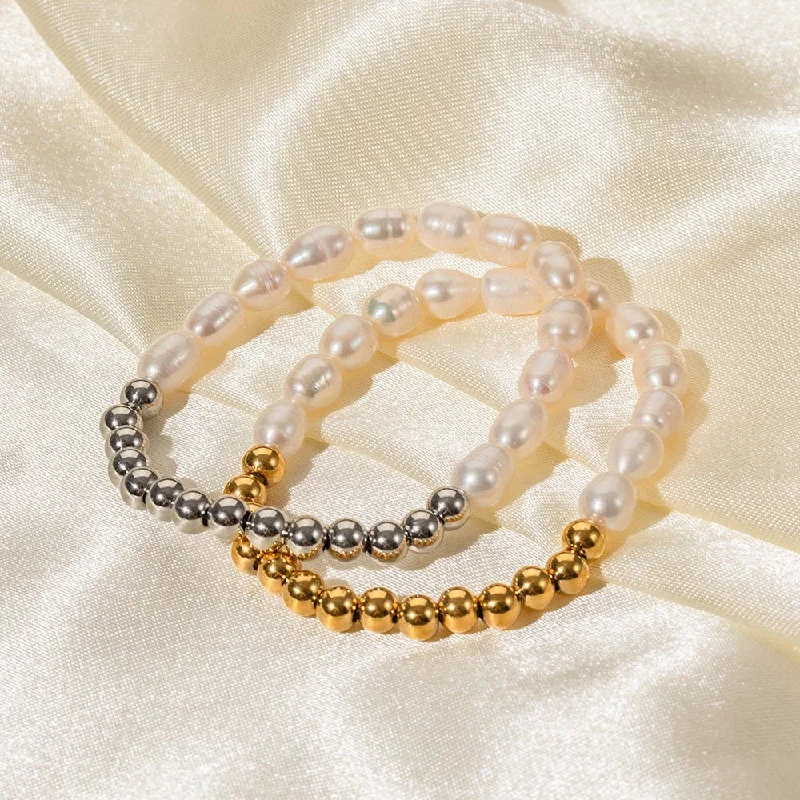 bracelets and bangles anniversary gift -Ins Style Stainless Steel Freshwater Pearl Ball Beads Beaded Bracelet