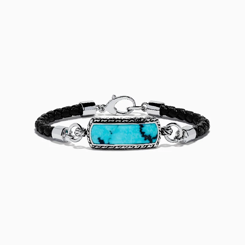 bracelets and bangles with shell design -Men's Sterling Silver and Leather Turquoise Bracelet, 5.40 TCW