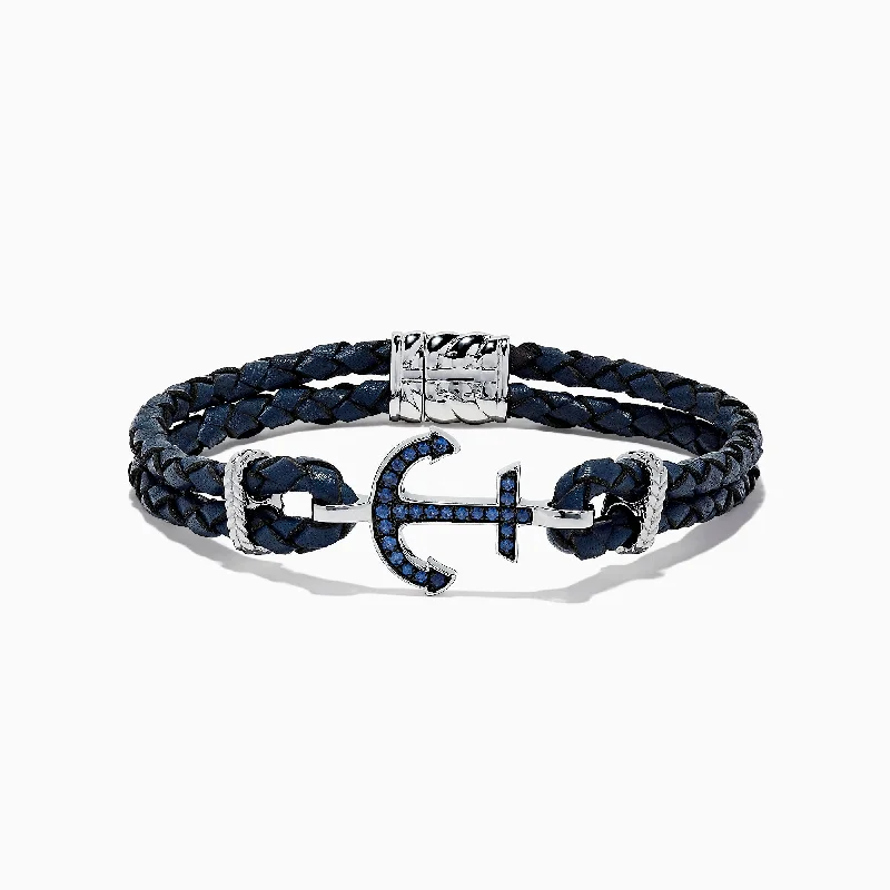 bracelets and bangles wide cuff -Men's Sterling Silver Woven Leather Sapphire Anchor Bracelet, 0.52 TCW