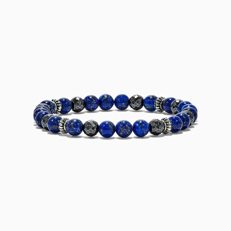 bracelets and bangles for brides -Men's Lapis Lazuli and Hematite Beaded 7.5" Bracelet, 60.00 TW