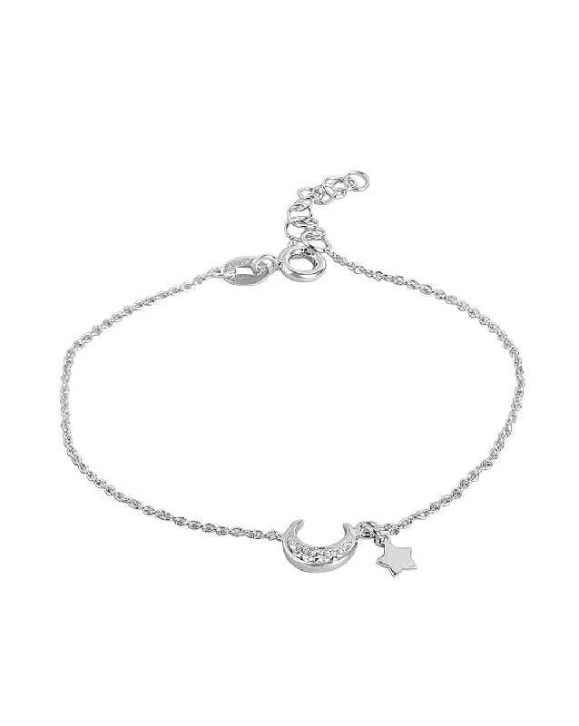 bracelets and bangles with onyx -925 Sterling Silver Women Rhodium Plated With Cz Moon & Stars Charm Bracelet Adjustable