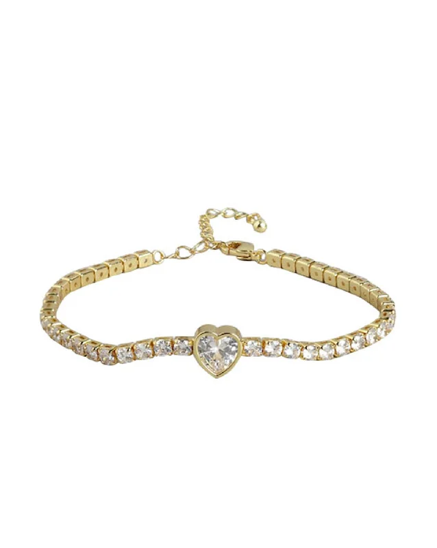 bracelets and bangles dainty design -Gold Plated With Heart And Cz Adjustable Bracelet For Women