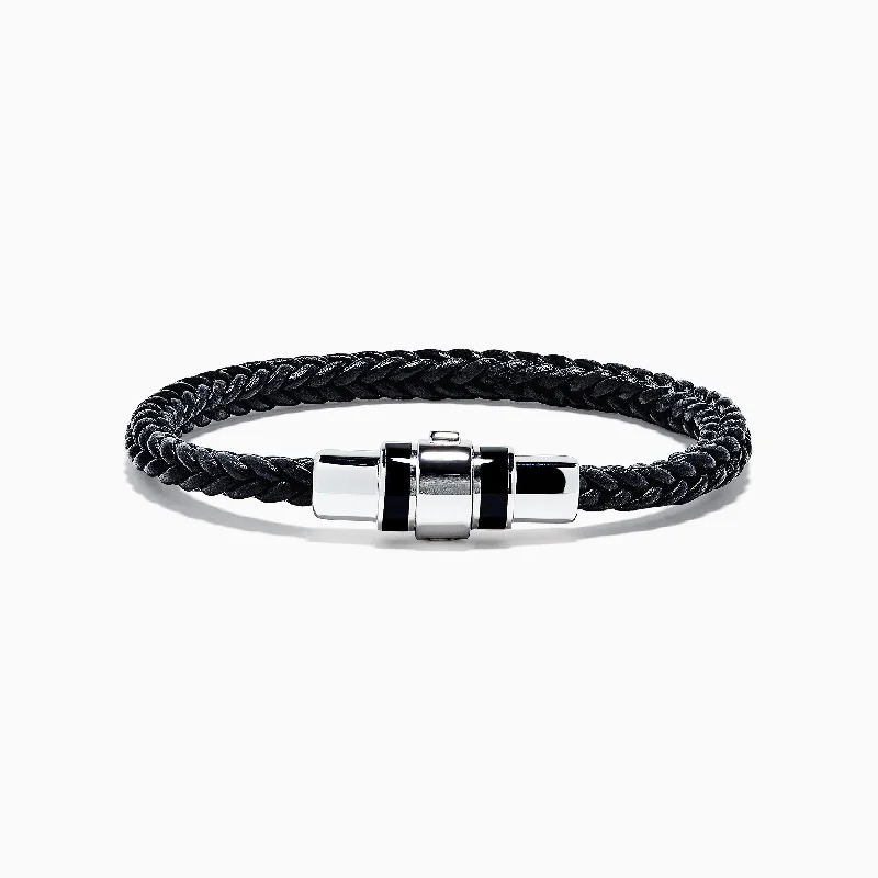 bracelets and bangles with black onyx -Men's Sterling Silver and Black Agate Leather Bracelet