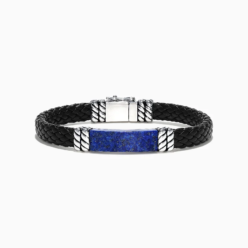 bracelets and bangles adjustable size -Men's Sterling Silver Lapis Lazuli Leather Bracelet, 12.00 TCW