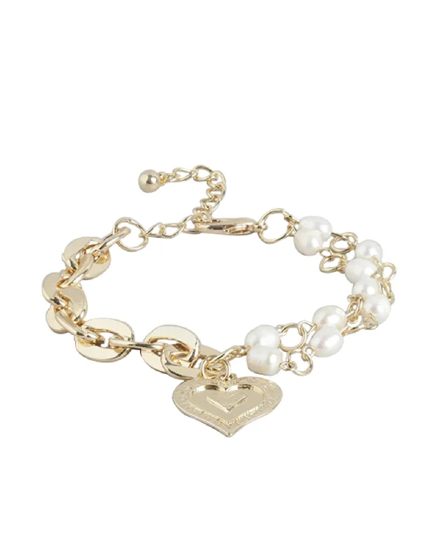 bracelets and bangles infinity symbol -Gold Plated & Pearl Heart Charm Adjustable Bracelet For Women