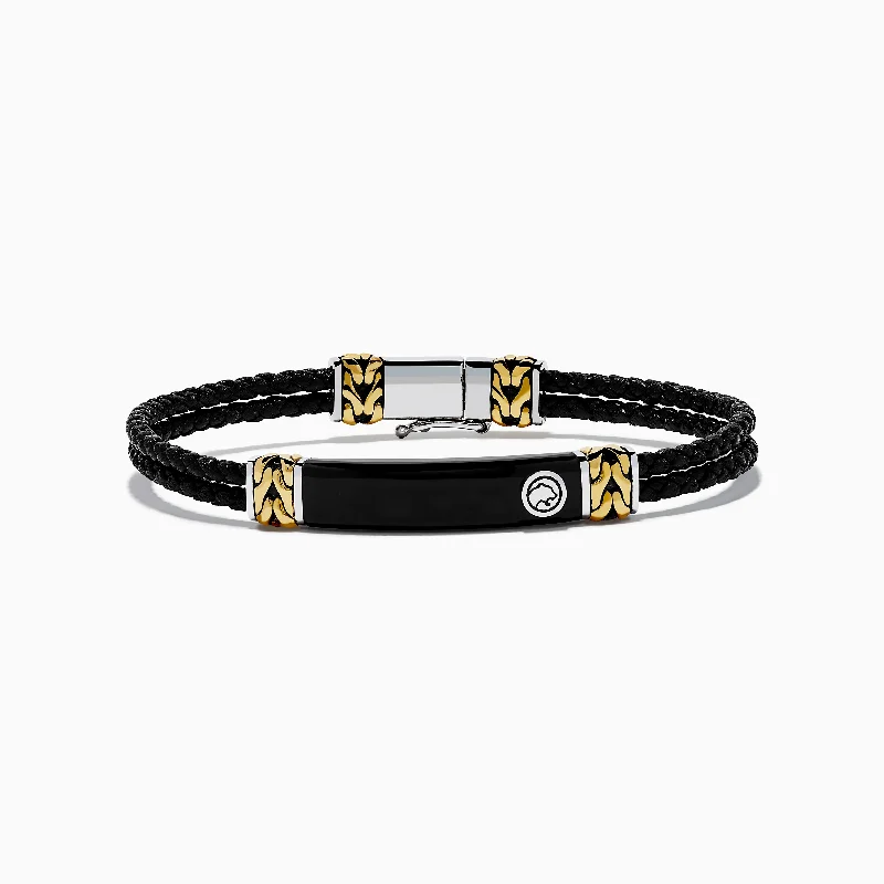 bracelets and bangles with onyx -Men's 925 Sterling Silver and Leather Onyx Bracelet