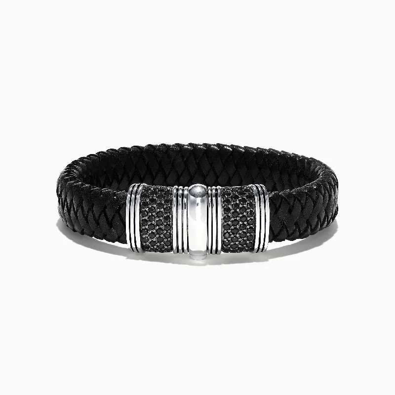 bracelets and bangles with white pearls -Men's Sterling Silver and Leather Black Sapphire Bracelet, 2.70 TCW