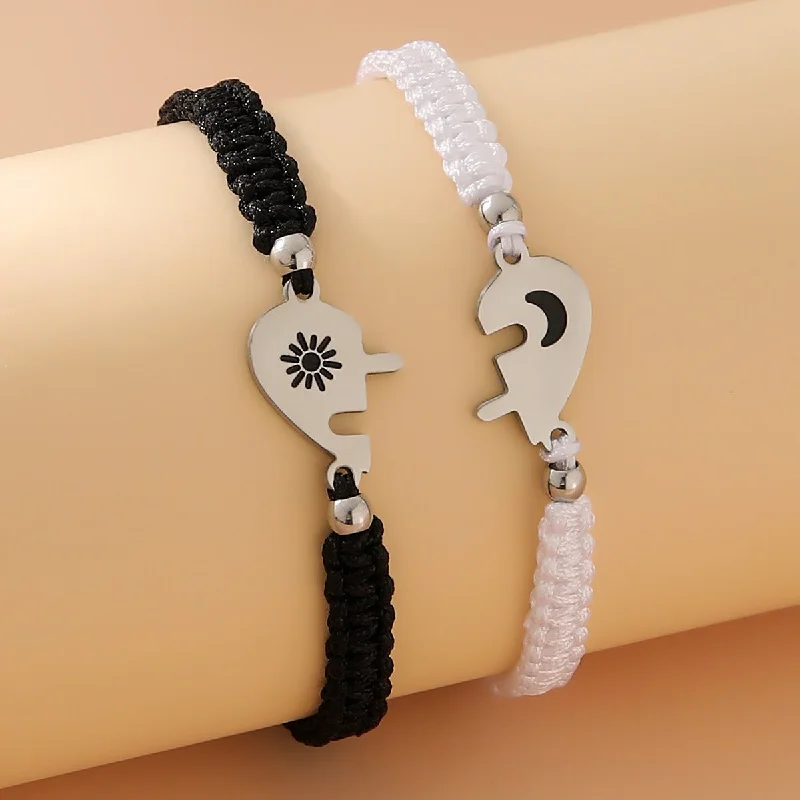 bracelets and bangles with diamonds -Hand-woven Adjustable Puzzle Love Sun Moon Couple Bracelets