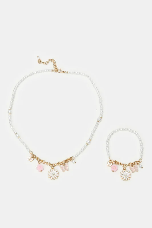 bracelets and bangles timeless beauty -Girls Gold Butterfly Pendant Necklace & Bracelet (2 Piece)