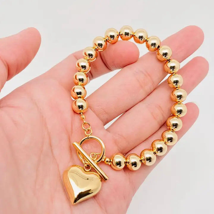 bracelets and bangles art deco -Heart Charm 18K Gold Plated 8mm Beads Chain Bracelet