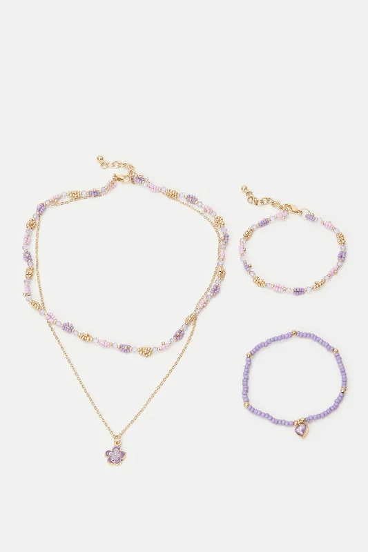 bracelets and bangles for beach wear -Girls Gold And Purple Embellished Necklace And Bracelet (3 Piece)