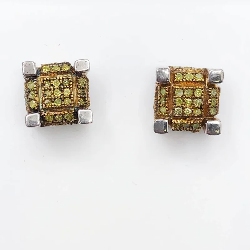 ladies earrings with green peridot -Canary 3D Cube Diamond .28cttw Earrings .925 Sterling Silver