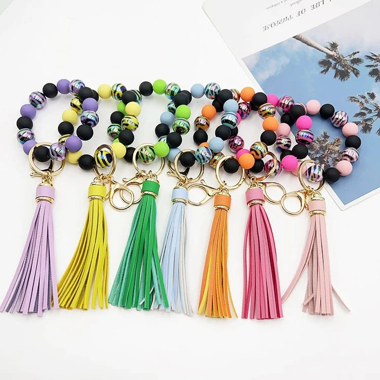 bracelets and bangles with emerald -Handmade Beaded Bracelet Tassel Key Chain