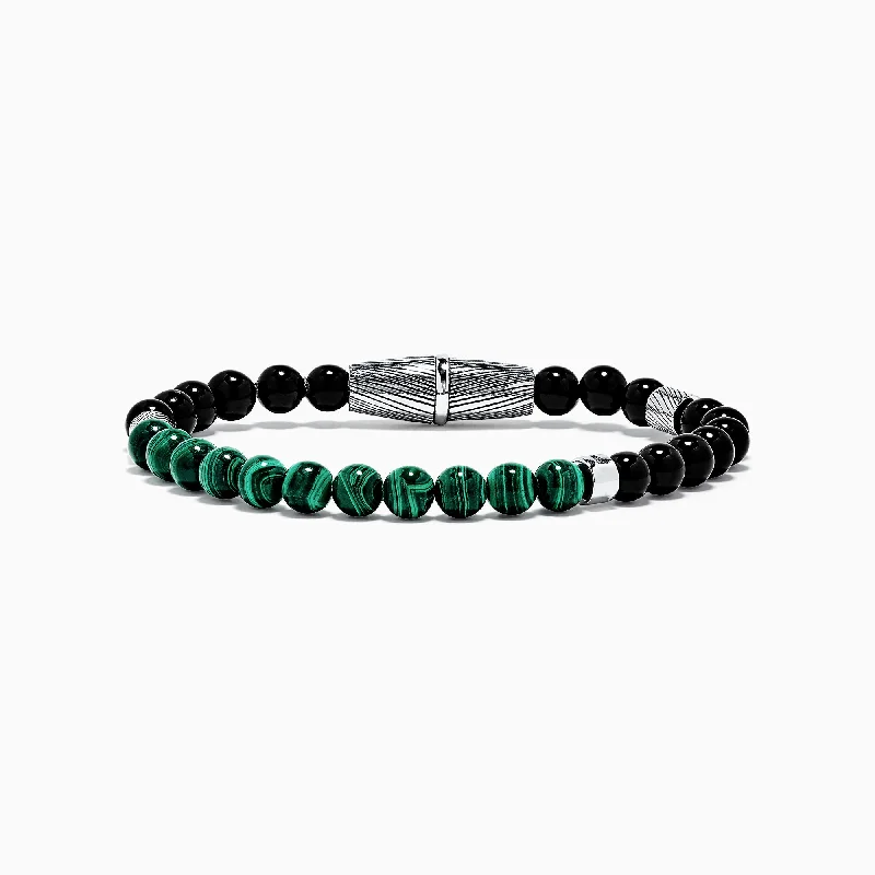 bracelets and bangles with rainbow gems -Men's Sterling Silver Beaded Onyx and Malachite Bracelet