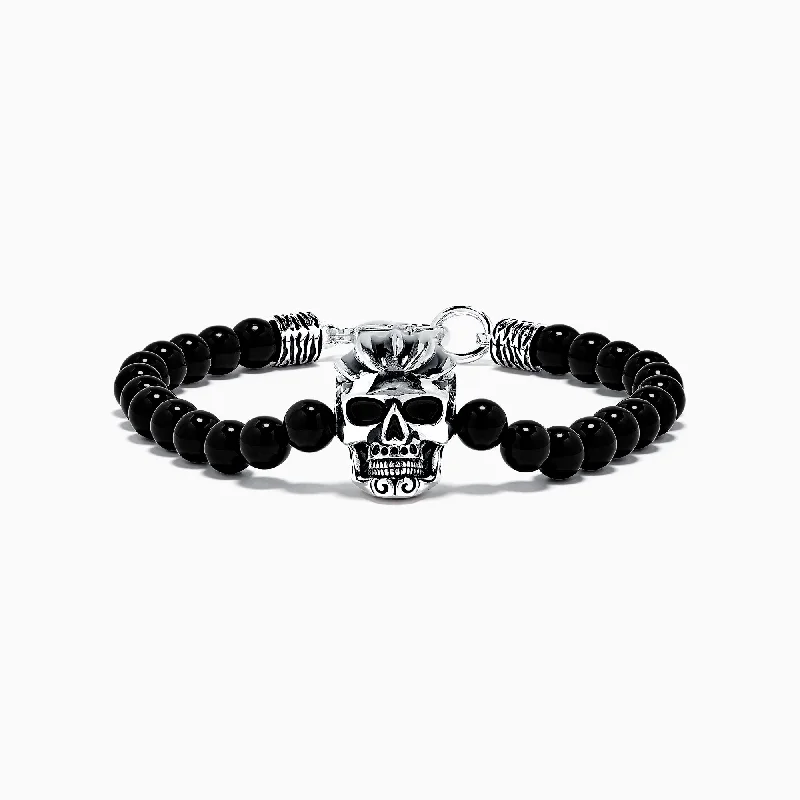 bracelets and bangles silver charm -Men's Sterling Silver Beaded Onyx Skull Bracelet, 38.50 TCW