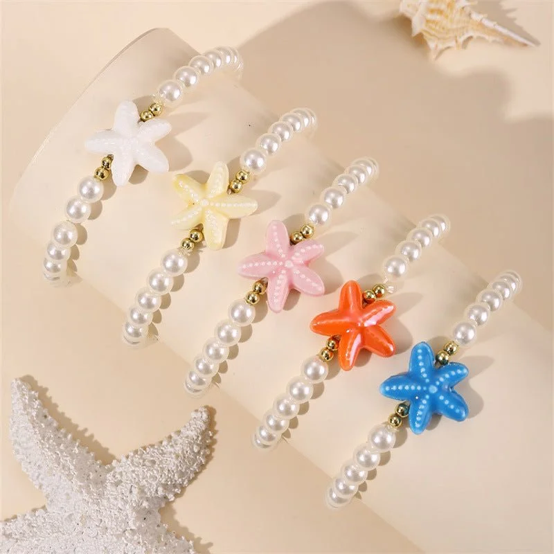 bracelets and bangles with star charm -Pearl Bracelet Starfish Ocean Style Alloy Bracelet