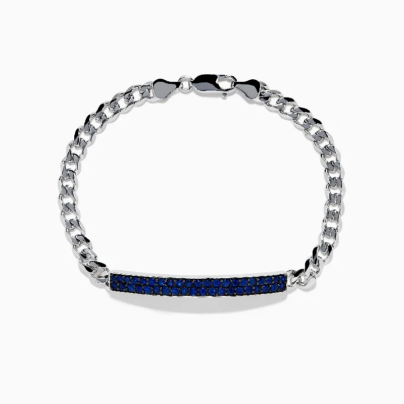 bracelets and bangles for special occasion -Men's 925 Sterling Silver Chain Link Blue Sapphire Bracelet