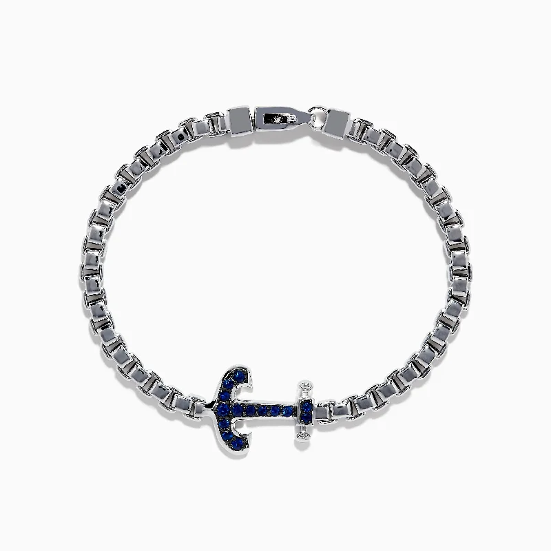 bracelets and bangles romantic style -Men's 925 Sterling Silver Blue Sapphire Anchor Box Chain Link Bracelet