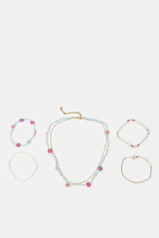 bracelets and bangles for holiday gift -Girls Gold And Blue Floral Beads Necklace & Bracelets (5 Piece)