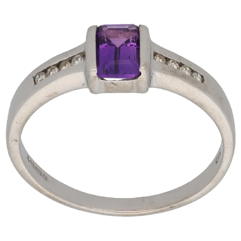 ladies engagement rings for small hands -9ct White Gold Amethyst & 0.04ct Diamond Dress/Cocktail Ring Size P