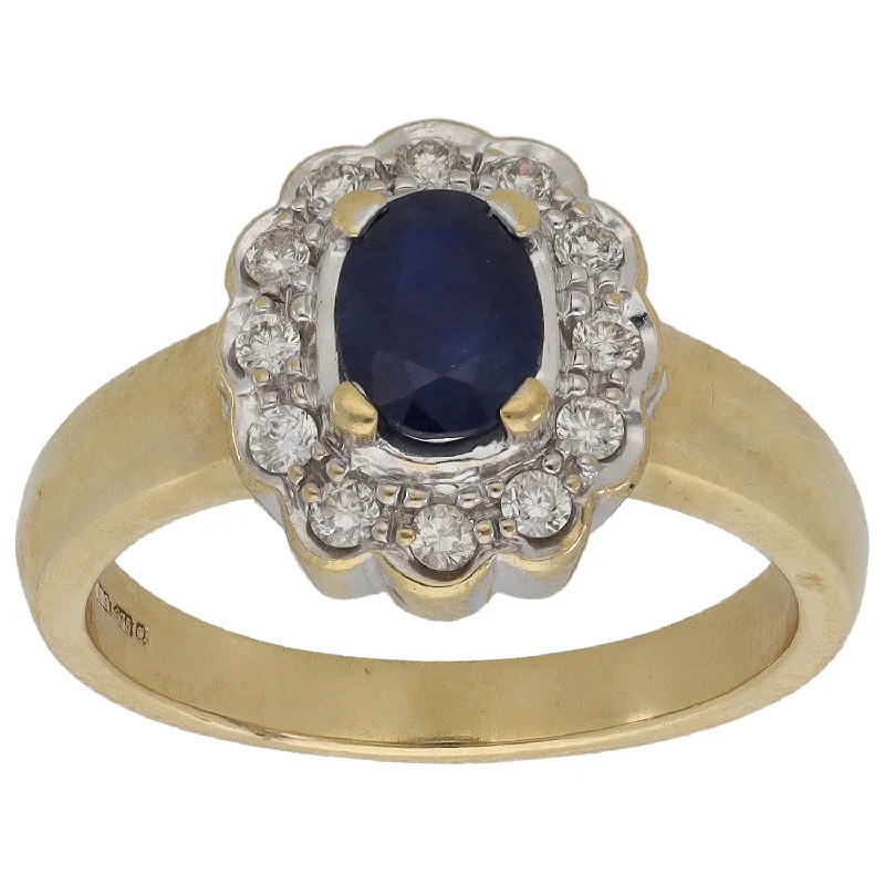 ladies engagement rings vintage inspired -9ct Gold 0.24ct Diamond & Sapphire Cluster Ring Size N