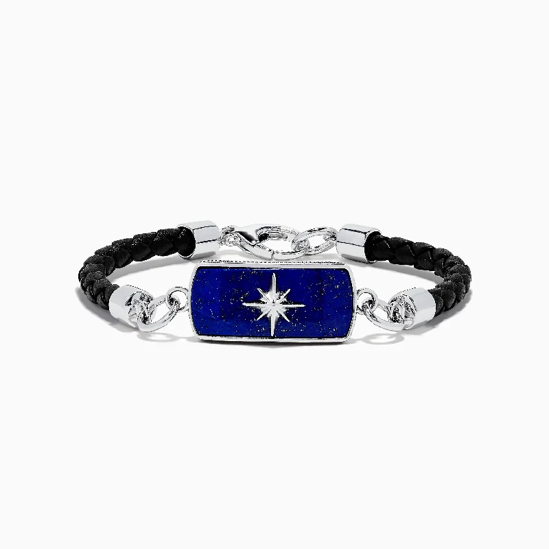 bracelets and bangles with engraving -Men's Sterling Silver and Leather Lapis Lazuli Bracelet