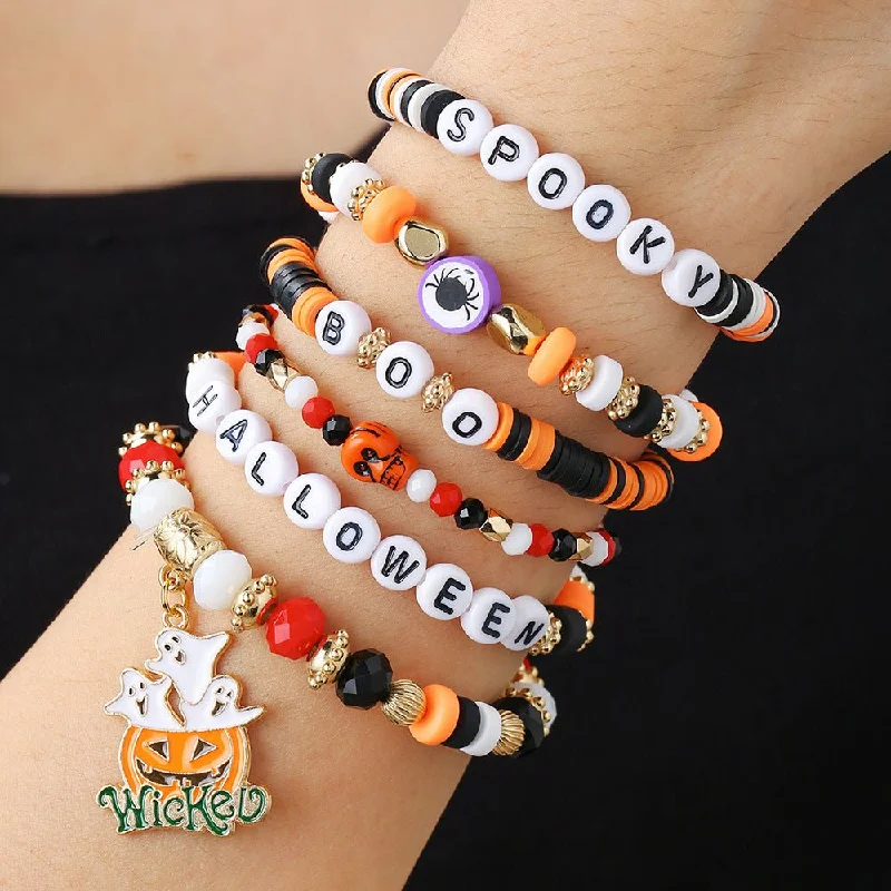 bracelets and bangles for vintage lovers -Halloween Pumpkin Letter Polymer Clay Bracelet Multi-layer Women