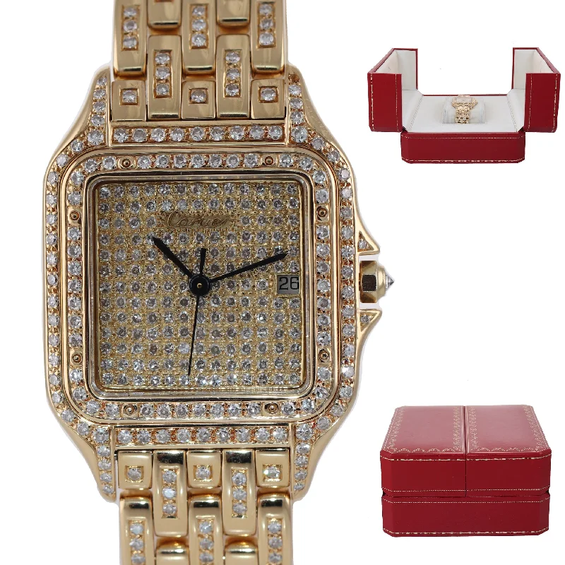 bracelets and bangles for beach wear -Ladies Cartier Panthere Diamond Bracelet 18K Yellow Gold Quartz Watch Box