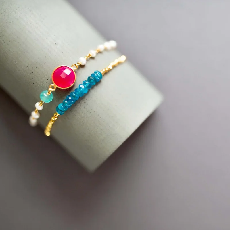 bracelets and bangles thin chain -Bracelet Stacking Set: Hot Pink Chalcedony and Neon Apatite Stones